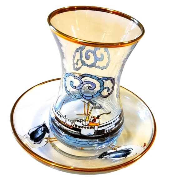 Vintage Other - Turkish Tea Glass and Saucer Gold Rim Painted Nautical Theme